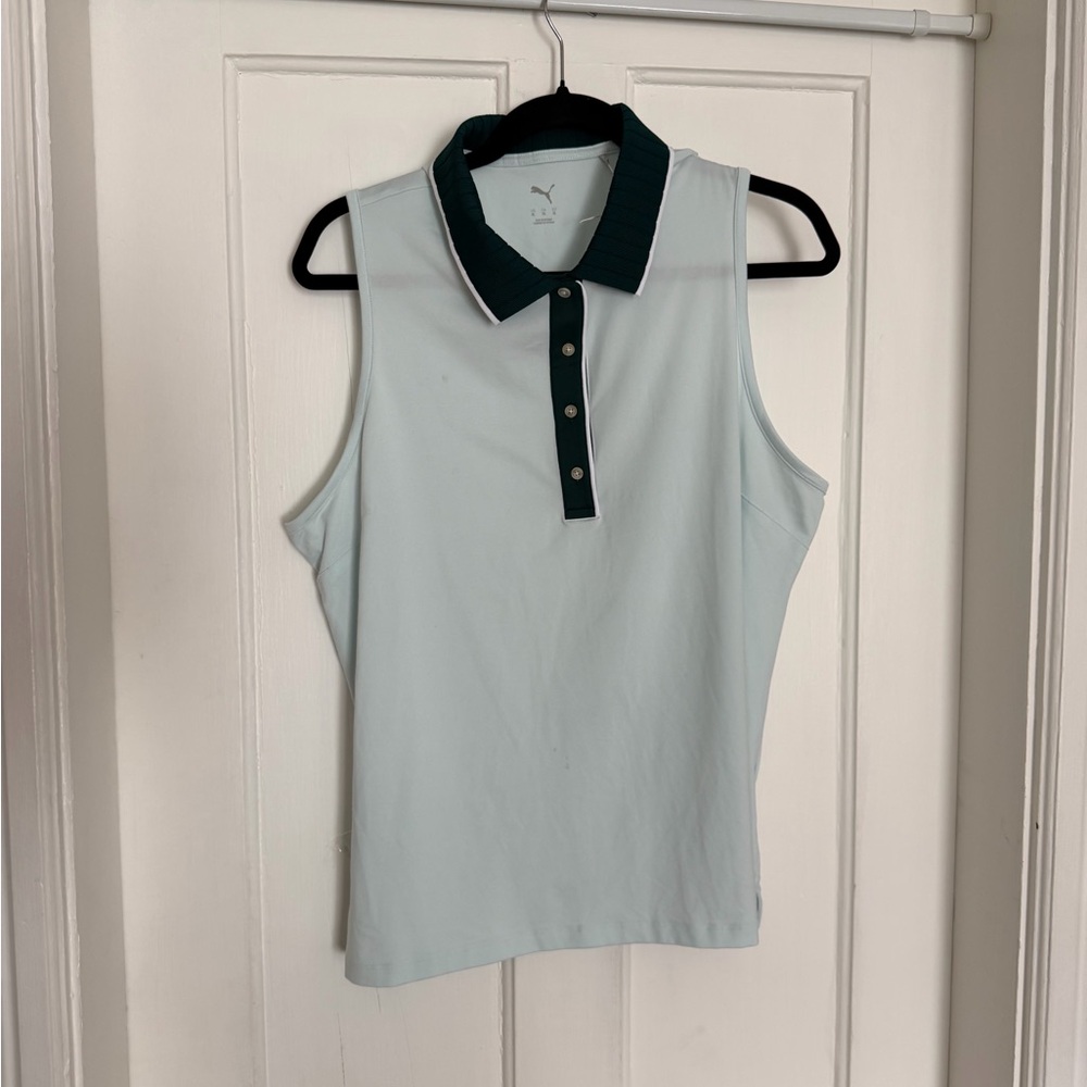 Puma Women's Light Blue Sleeveless Polo Top with Dark Teal Collar